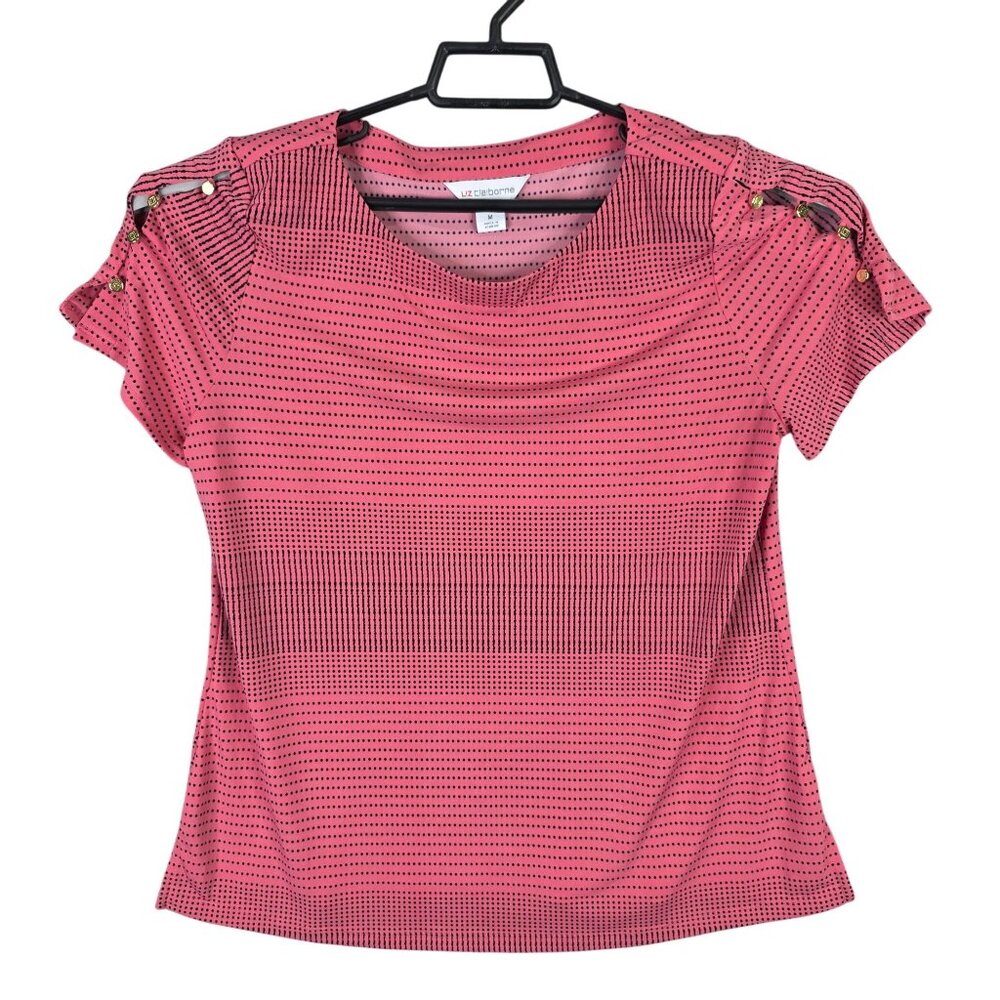 Womens Liz Claiborn Pink & Black Polka Dot Top Open Button Sleeve Polyester M